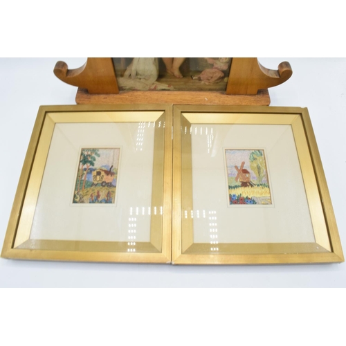 324 - An art-deco photo wooden photo frame together with 2 embroidered pictures in wooden frames (3). Larg... 