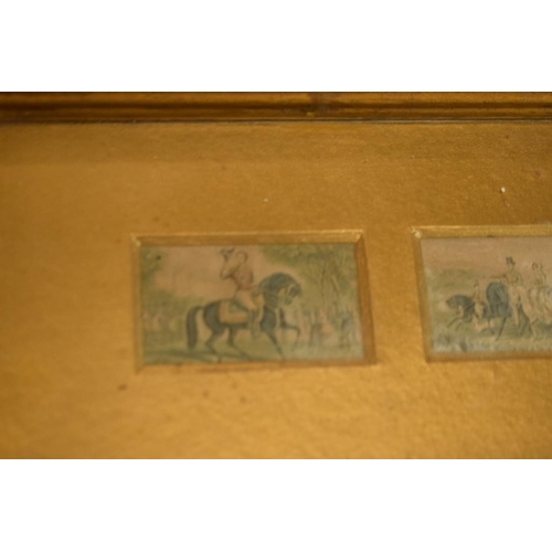 327 - A pair of miniature prints in matching wooden gilt frames each with 5 miniature prints in depicting ... 