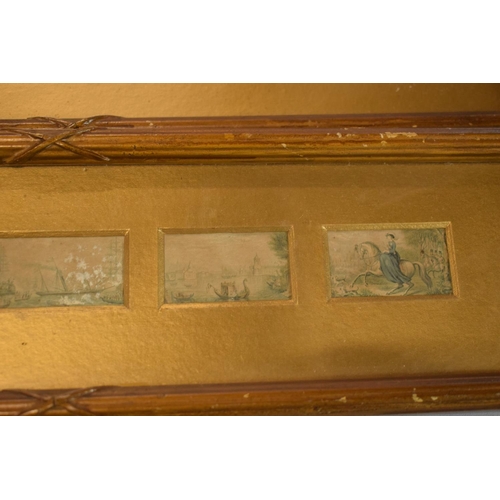 327 - A pair of miniature prints in matching wooden gilt frames each with 5 miniature prints in depicting ... 