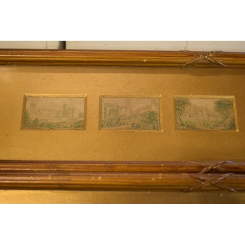 327 - A pair of miniature prints in matching wooden gilt frames each with 5 miniature prints in depicting ... 