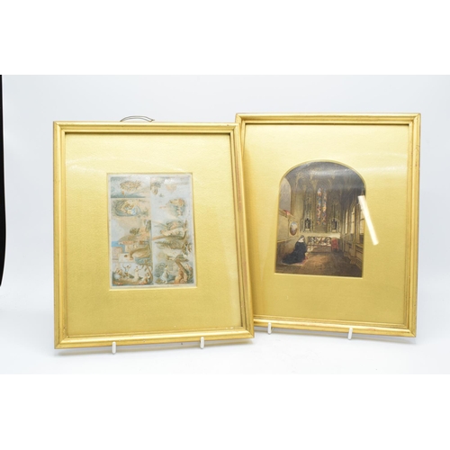 328 - Antique George Baxter prints in gilt frames depicting scenes of a Lady praying in a chapel and scene... 