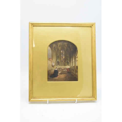 328 - Antique George Baxter prints in gilt frames depicting scenes of a Lady praying in a chapel and scene... 