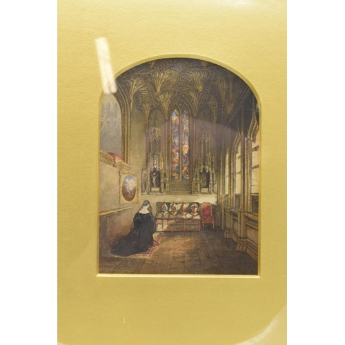 328 - Antique George Baxter prints in gilt frames depicting scenes of a Lady praying in a chapel and scene... 