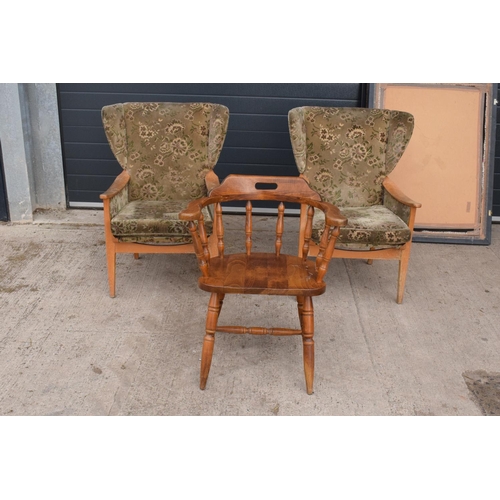 333 - A pair of Parker Knoll winged back chairs together with a reproduction captains chair. 95cm tall. As... 