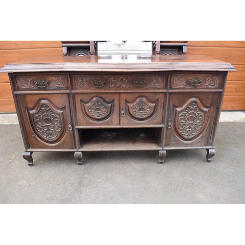 299 - Edwardian large carved oak mirror backed sideboard. 178 x 64 x 224cm height. In good functional cond... 