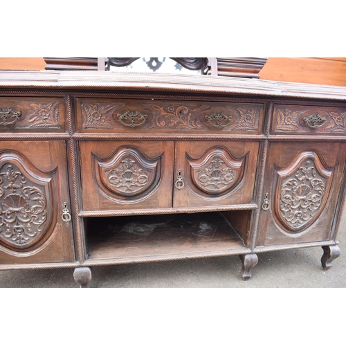 299 - Edwardian large carved oak mirror backed sideboard. 178 x 64 x 224cm height. In good functional cond... 