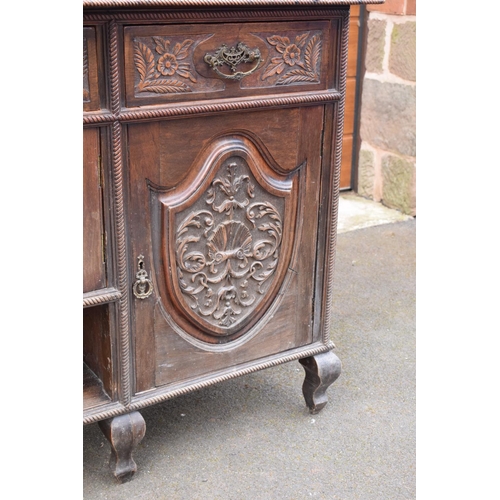 299 - Edwardian large carved oak mirror backed sideboard. 178 x 64 x 224cm height. In good functional cond... 