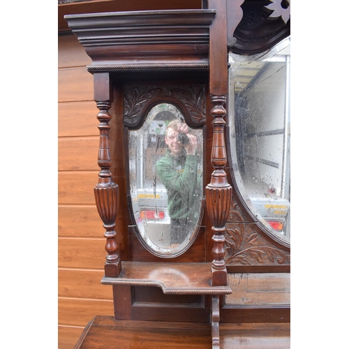 299 - Edwardian large carved oak mirror backed sideboard. 178 x 64 x 224cm height. In good functional cond... 