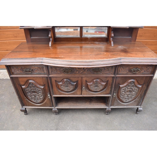 299 - Edwardian large carved oak mirror backed sideboard. 178 x 64 x 224cm height. In good functional cond... 