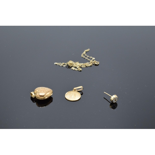 205 - A collection of 9ct gold items to include an earring set with a stone, a small chain (tangled), a pe... 