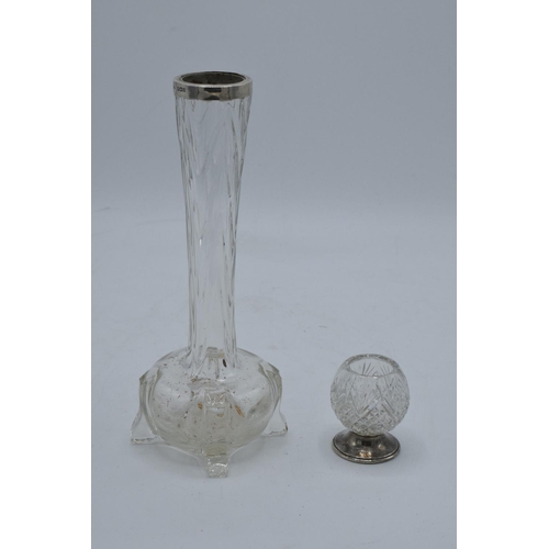 211 - A silver-rimmed glass vase together with a glass cocktail stick holder with a silver base (2). Some ... 