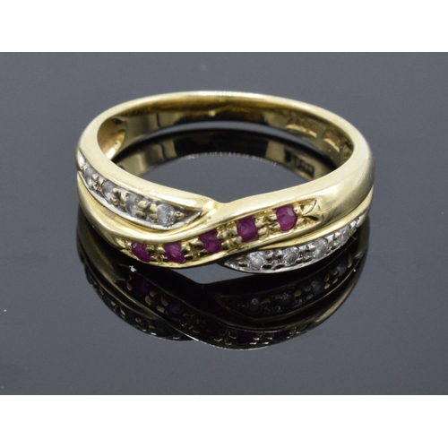 224 - A 14ct gold ladies ring set with diamonds and rubies UK size N/O. Gross weight 3.1 grams. Marked 585... 