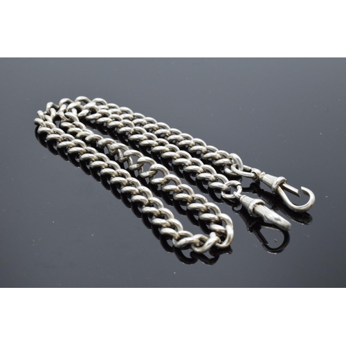 232 - Silver Albert watch chain 46cm in length. 47.7 grams. Unmarked, 'S.S' on each clasp.