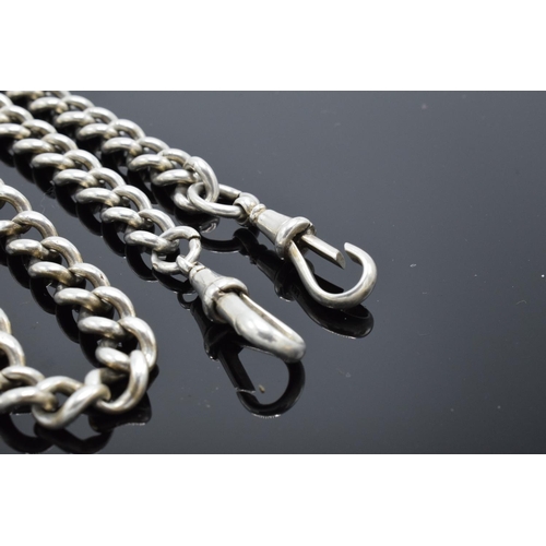 232 - Silver Albert watch chain 46cm in length. 47.7 grams. Unmarked, 'S.S' on each clasp.