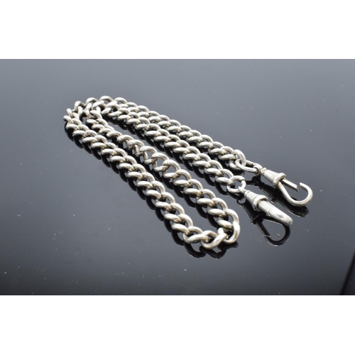 232 - Silver Albert watch chain 46cm in length. 47.7 grams. Unmarked, 'S.S' on each clasp.