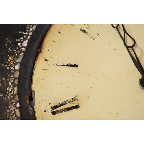 256 - A Victorian papier-mache wall clock decorated with Mother of Pearl inlay with Roman numerals painted... 