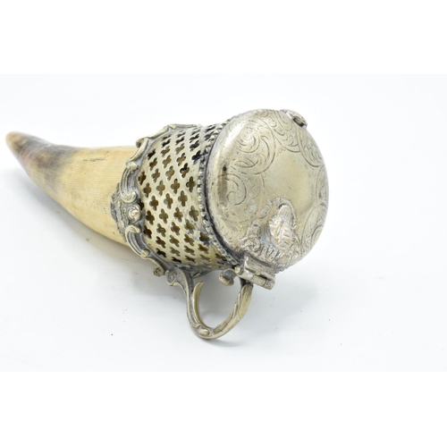 287 - An unusual horn snuff mull/ box with a silver plate lid section and ornate mount. In good condition ... 