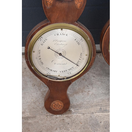 293 - A pair of 19th century mahogany barometers one with inlaid motifs such as shell (both a/f). Please c... 