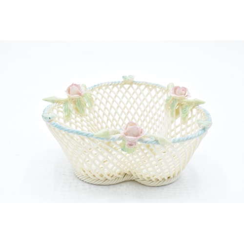 40 - Belleek of Ireland trefoil-shaped weave basket with floral decoration with painted highlights. In go... 