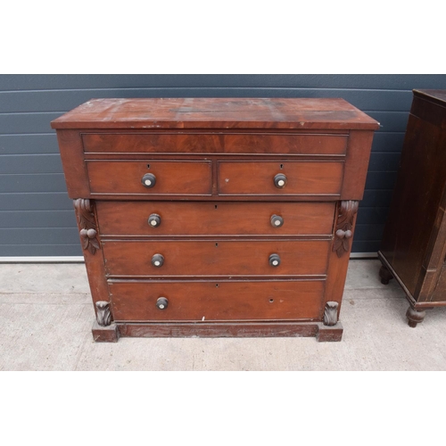 362 - Victorian 2 over 3 chest of drawers with ornate features and a secret drawer compartment. 126 x 53 x... 