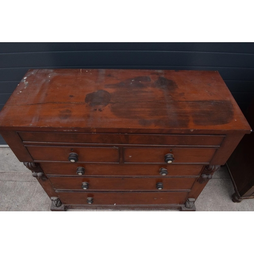 362 - Victorian 2 over 3 chest of drawers with ornate features and a secret drawer compartment. 126 x 53 x... 