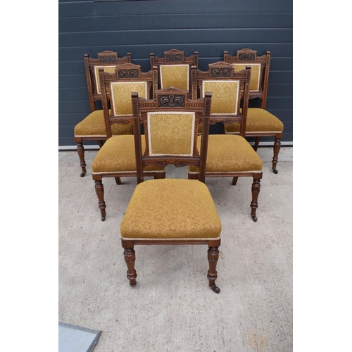 363 - A set of 6 Victorian upholstered mahogany dining chairs with carved decoration (6). 98cm tall. In go... 