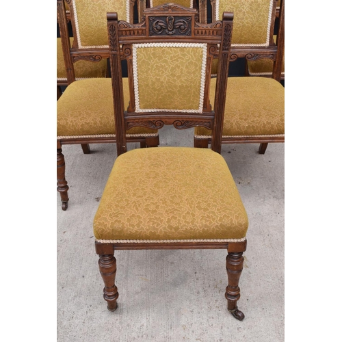 363 - A set of 6 Victorian upholstered mahogany dining chairs with carved decoration (6). 98cm tall. In go... 