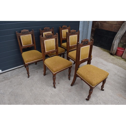 363 - A set of 6 Victorian upholstered mahogany dining chairs with carved decoration (6). 98cm tall. In go... 