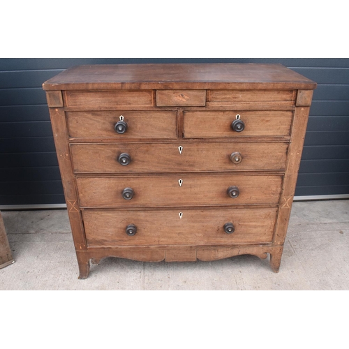 364 - A 19th century 2 over 3 chest of drawers with ornate inlay to include a shell motif, bone escutcheon... 