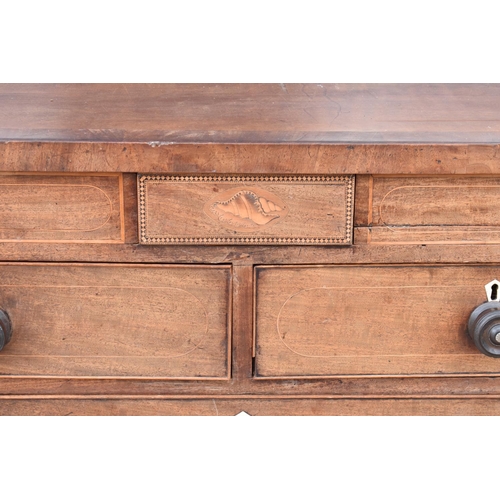 364 - A 19th century 2 over 3 chest of drawers with ornate inlay to include a shell motif, bone escutcheon... 