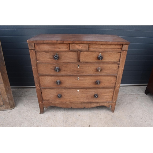 364 - A 19th century 2 over 3 chest of drawers with ornate inlay to include a shell motif, bone escutcheon... 