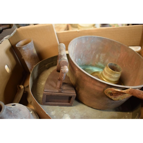 201 - A mixed collection of metalware to include a brass inkwell, saucepan, irons, dishes, plaques etc. NO... 