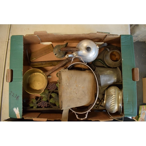 207 - A mixed collection of items to include hammered pewter items, silver plate, brass, wooden ruler etc.... 