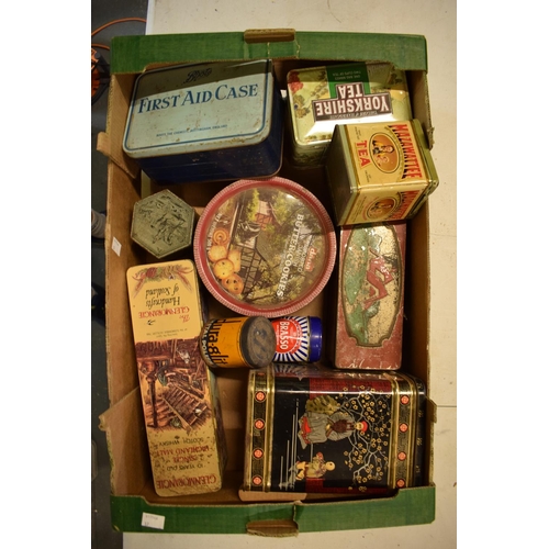 217 - A collection of vintage metal tins to include Dura-gilt metal polish, Taylor Brothers, Mazawattee et... 