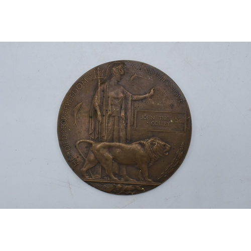 220 - A British World War One (WW1) Death Plaque/ Death Penny named to John Thomas Colley.