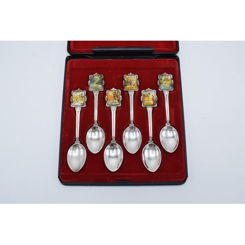 228 - A cased set of 6 souvenir teaspoons by Perfection with a Waltzing Mailtida/ New Zealand design (Hing... 