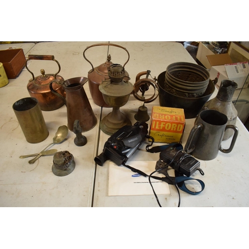 230 - A mixed collection of items to include 2 late Victorian/ early 20th century copper kettles, one with... 