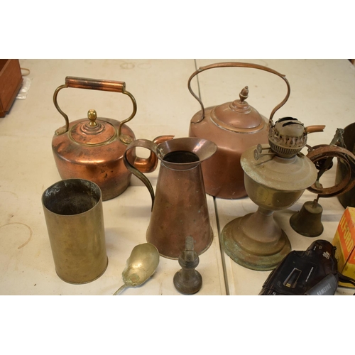 230 - A mixed collection of items to include 2 late Victorian/ early 20th century copper kettles, one with... 