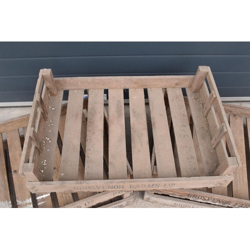 231 - A collection of 5 vintage wooden potato trays / crates from Grosvenor Farms Ltd. 76 x 53 x 17cm. Gen... 