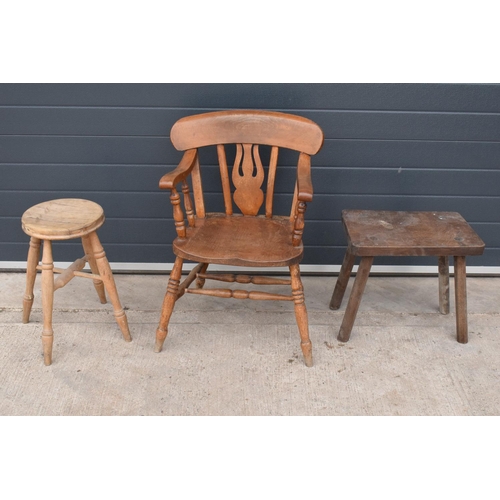 245 - A collection of early 20th century farmhouse furniture to include a captain's chair style chair, a 4... 