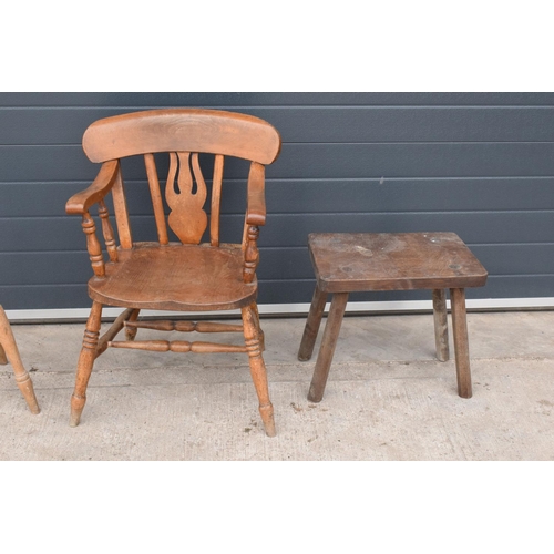 245 - A collection of early 20th century farmhouse furniture to include a captain's chair style chair, a 4... 