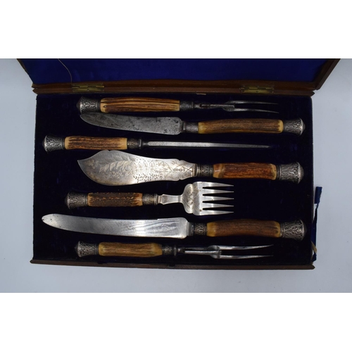 250 - A wooden cased Mappin and Webb horn and silver handled 7-piece carving set with silver banding and t... 