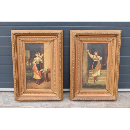 268 - A pair of 19th century oil paintings on canvas depicting pretty ladies in room settings. Indistinctl... 