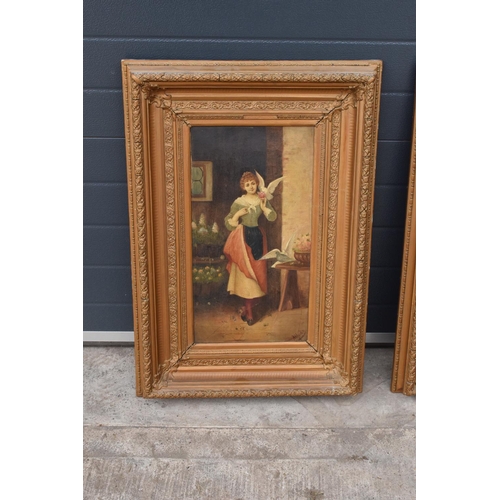 268 - A pair of 19th century oil paintings on canvas depicting pretty ladies in room settings. Indistinctl... 