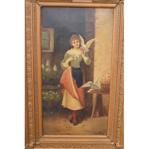 268 - A pair of 19th century oil paintings on canvas depicting pretty ladies in room settings. Indistinctl... 