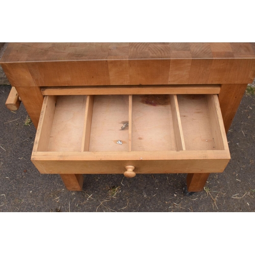 289 - A modern 20th century mounted butcher's block on wheels with a drawer. 70 x 52 x 85cm. In good funct... 