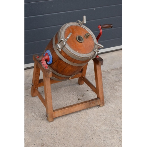 295 - Early 20th century oak barrel butter churn on a wooden stand made by Hathaway of Chippenham. In good... 