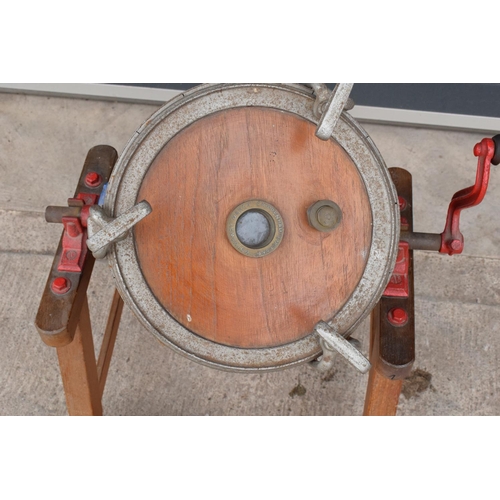 295 - Early 20th century oak barrel butter churn on a wooden stand made by Hathaway of Chippenham. In good... 