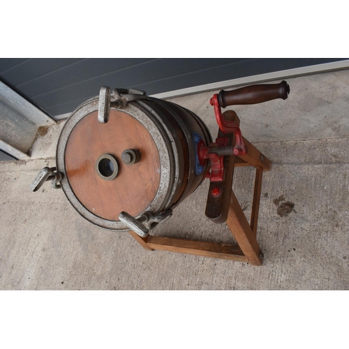 295 - Early 20th century oak barrel butter churn on a wooden stand made by Hathaway of Chippenham. In good... 