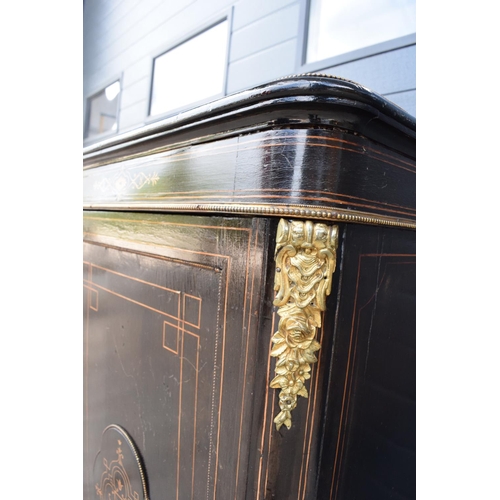 298 - Victorian ebonised aesthetic movement credenza sideboard with brass fixtures with a central display ... 